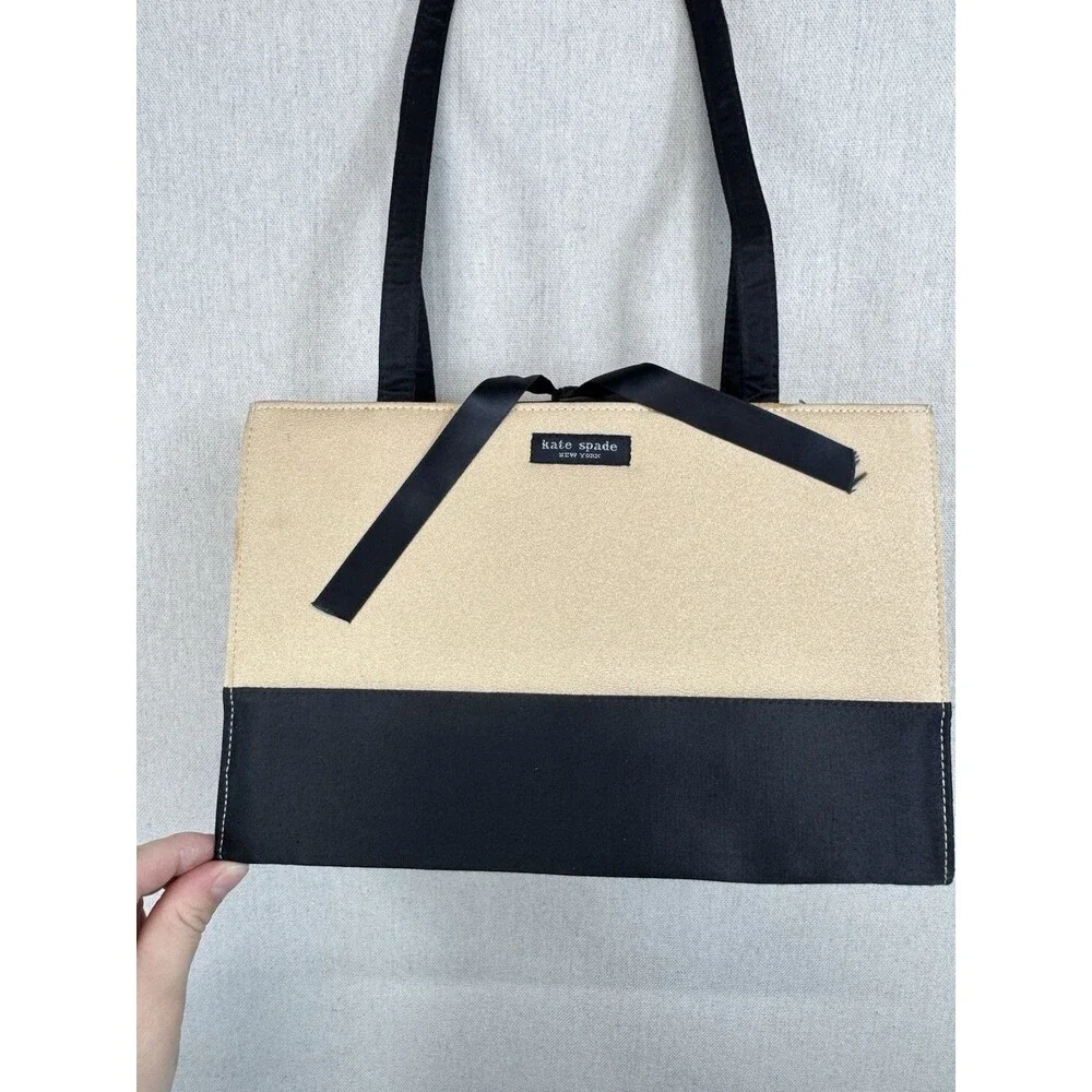 Kate Spade New York Gold Black Tote Bag & Gingham Zip Pouch Bow Canvas Large